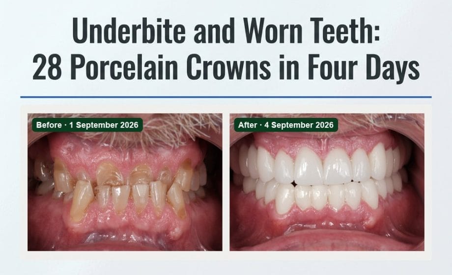 Smile Dental Turkey Underbite and worn teeth case study: front view before treatment on 1 September 2026 and after 28 high translucency porcelain crowns on 4 September 2026